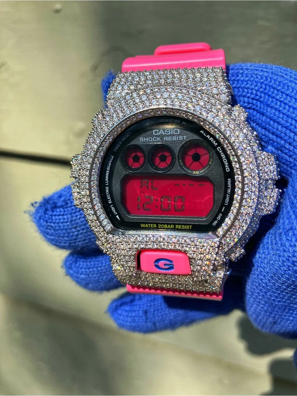 BUSSDOWN Moissanite Custom G Shock Silver and Pink Colorway